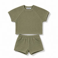 Relaxed Waffle Knit Short Set - Olive