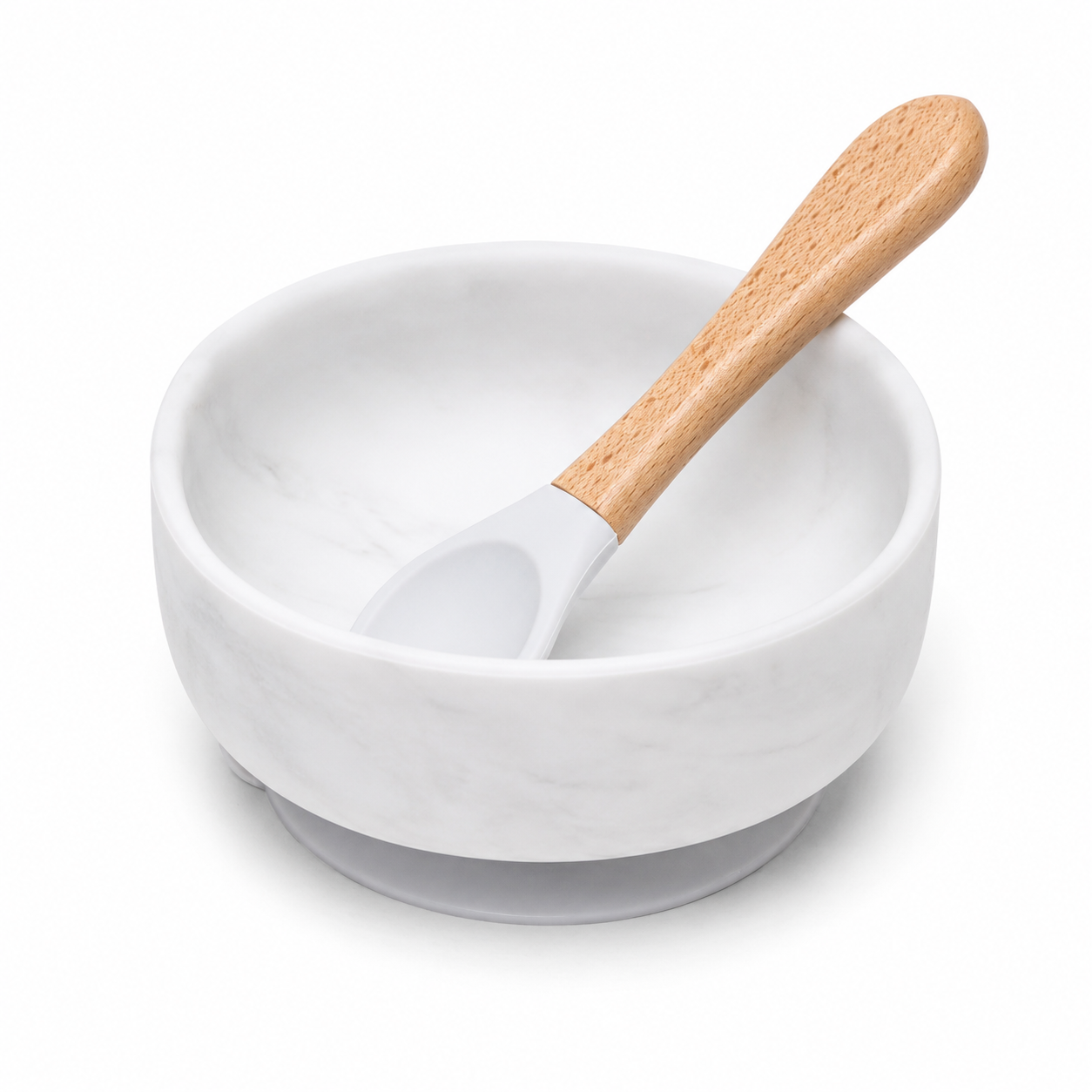 Silicone Bowl & Spoon Set - White Marble